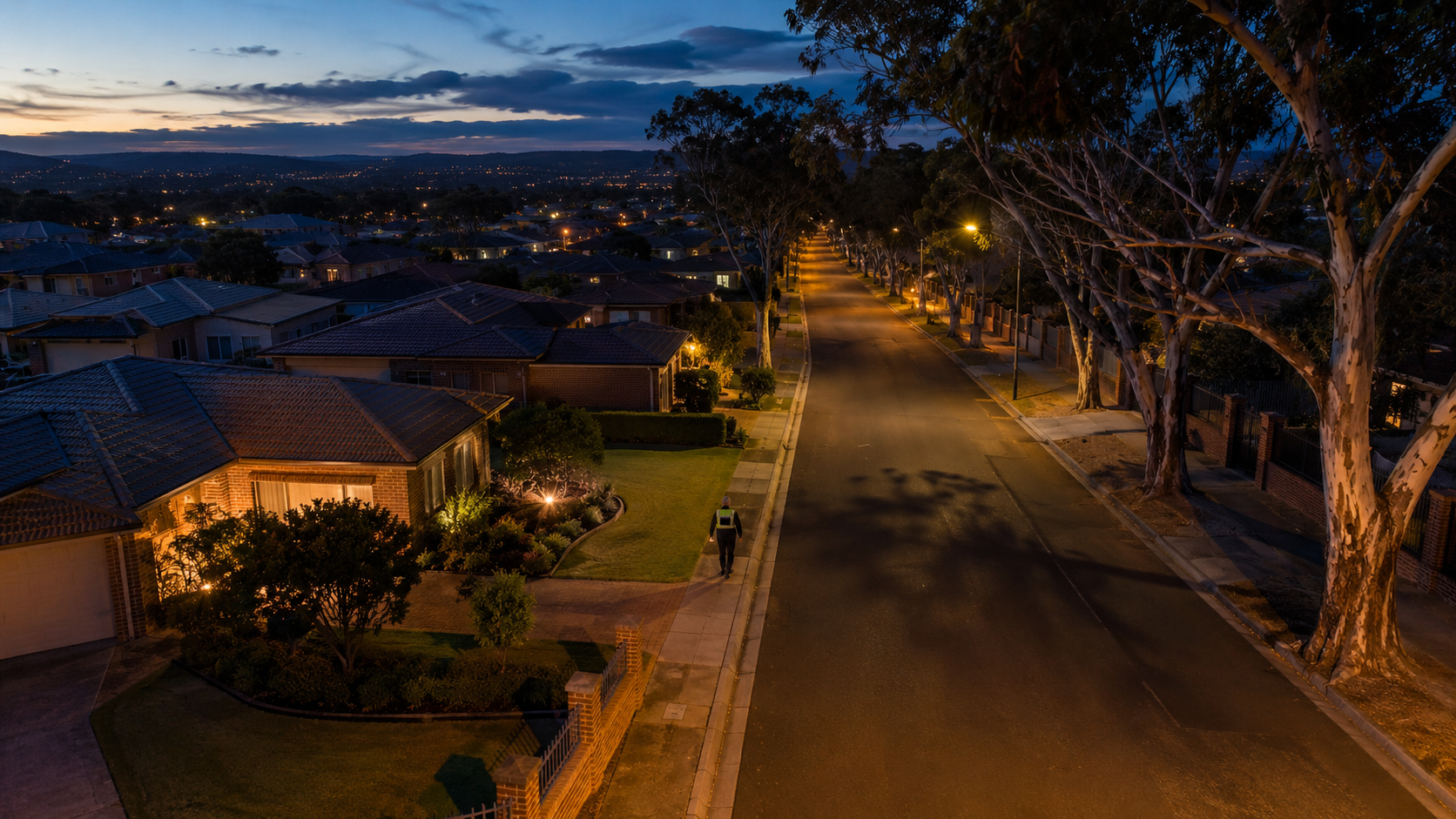 Aerial view of a Brisbane suburb at dusk
