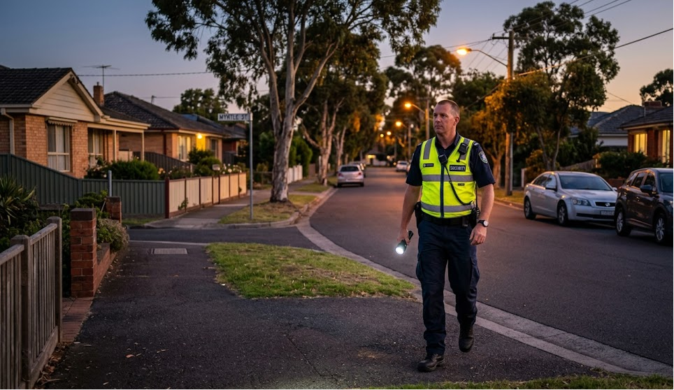A licensed security guard on a quiet suburban street at dusk