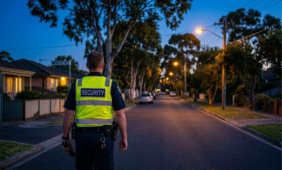A guard checking a front gate by torchlight at night